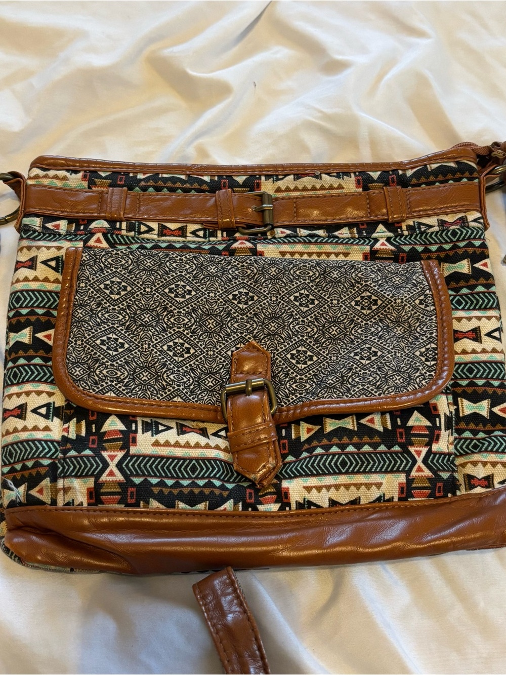 Multicolor Tribal Crossbody Bag with Brown Trim